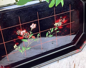 Vintage Jewelry / Keepsakes Trays SET / Black w/Red Floral Design (Set Of 2) / Japan