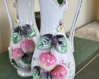 Vintage Set Of 2 Porcelain Cherry Blossom Vases / JAPAN 6” x 2.5”