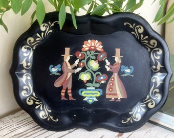 Vintage Metal Primitive Paint By Numbers On Black/Trinket Tray 9.5” x 7”