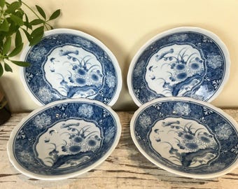 Vintage Chinoiserie Blue & White (Set Of 4) Soup Rice Bowls Flowers Design 8