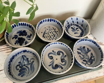 Vintage Blue Grey Stoneware Handmade Zower Bowls (Set Of 6) 4.25x 1.5 Country