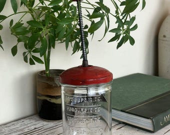 Vintage Rustic Red Metal Wood And Glass Mason Nut Chopper Farmhouse Country