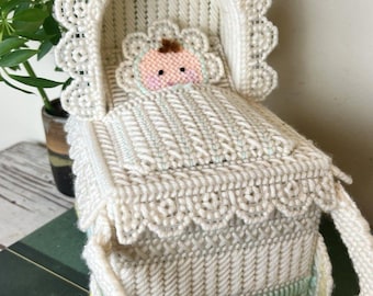 Vintage Hand Knit Baby In Baby Stroller Tissue Box Holder Nursery