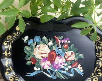 Vintage Metal Florals Paint By Numbers On Black/Trinket Tray 9.5 x 7