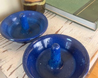 Vintage Cast Iron Blue Speckled Enamel Apple Schnitzel Bakers (Set Of 2) Country