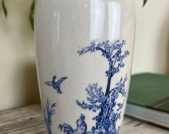 Vintage Porcelain Flower Vase Blue & Cream Rooster 7" Tall / French Country Home
