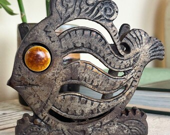 Vintage Cast Iron Taiwan Letterr Napkin Holder Fish W/ Amber Eye Retro 4.5"