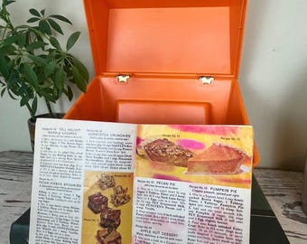 Vintage Betty Crocker Orange Plastic Recipe Box Card Holder w/Old Recipes Inside