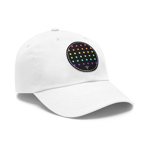 May include: White baseball cap with a rainbow polka dot patch on the front.