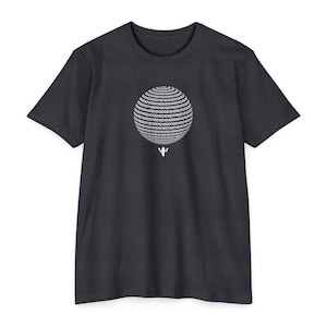 May include: Dark gray t-shirt featuring a white graphic of a sphere composed of binary code, with a small figure below. The short-sleeved tee is made of a soft material and is suitable for casual wear. The design has a tech or science theme.