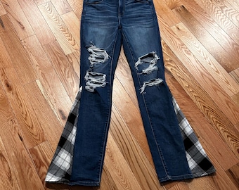 Upcycled flare Jeans with flannel panel