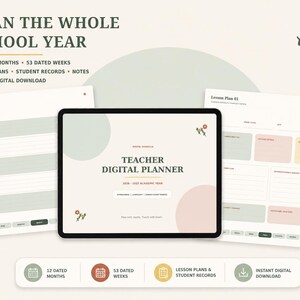 Peut inclure: Un planificateur numérique pour enseignant affiché sur une tablette avec deux pages ouvertes montrant des emplois du temps hebdomadaires et des plans de cours. L'interface présente un fond crème avec des accents vert sauge et rose pâle.