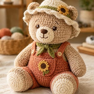 Peut inclure: Un ours en peluche crocheté portant un chapeau de soleil crème avec un petit tournesol, un foulard vert et une salopette terracotta ornée d'une application de tournesol sur la poche avant et de deux petits boutons en bois sur les bretelles.