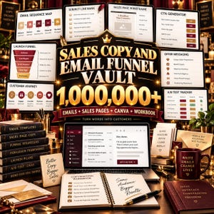 Peut inclure: Une collection de ressources de marketing numérique intitulée Sales Copy and Email Funnel Vault 1,000,000+ comprenant divers documents de stratégie commerciale, un ordinateur portable, un cahier à spirales et une tasse bordeaux avec texte.