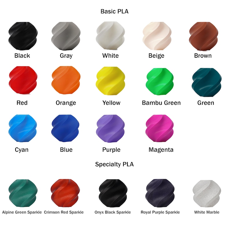 May include: A color chart of 15 different colors of 3D printing filament. The colors are arranged in two rows, with the top row labeled "Basic PLA" and the bottom row labeled "Specialty PLA". The colors include black, gray, white, beige, brown, red, orange, yellow, green, blue, purple, magenta, cyan, alpine green sparkle, crimson red sparkle, onyx black sparkle, royal purple sparkle, and white marble.