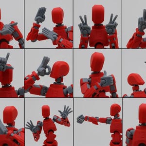 May include: A red articulated action figure with gray hands and arms in various poses. The figure has a round head and a simple body design.