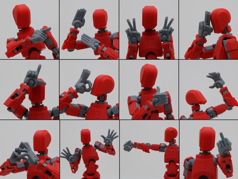 May include: A red articulated action figure with gray hands and arms in various poses. The figure has a round head and a simple body design.