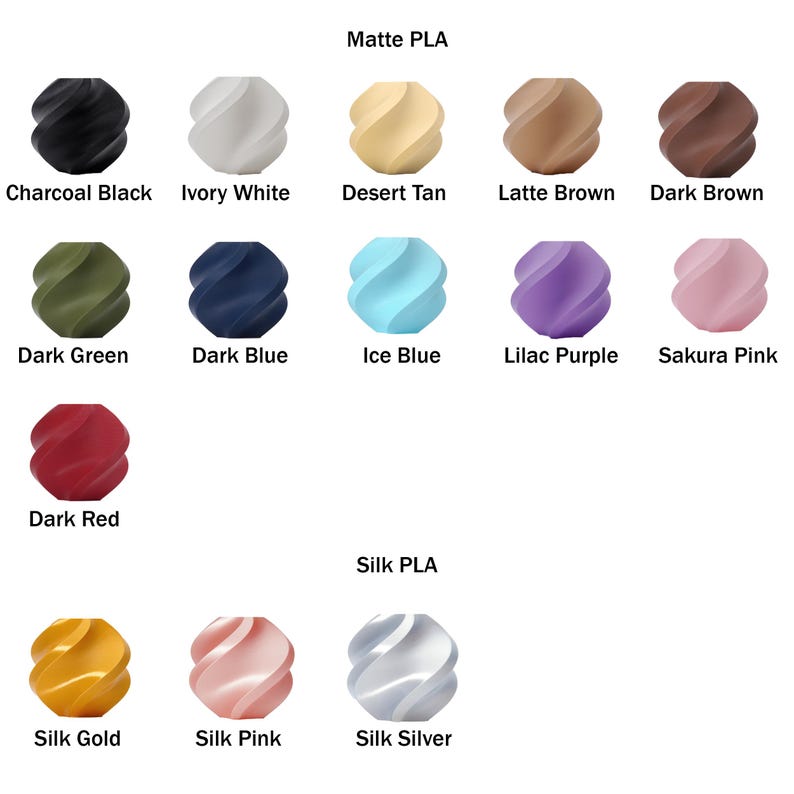 May include: A color chart showing 15 different colors of 3D printing filament. The filament is available in both matte and silk finishes. The colors include charcoal black, ivory white, desert tan, latte brown, dark brown, dark green, dark blue, ice blue, lilac purple, sakura pink, dark red, silk gold, silk pink, and silk silver.