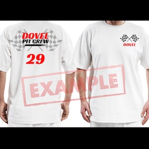 May include: White t-shirt with a red and black checkered flag design and the text "Dovel Pit Crew" and the number "29".