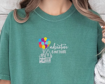 Embroidered Adventure Is Out There T-Shirt, Adventure Balloon Shirt, Family Vacation Shirt, Disney Up Shirt, Comfort Colors Tee