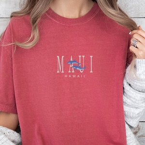 Embroidered MAUI Hawaii T-Shirt, Hawaii Island Embroidered crewneck Shirt, Beach Vacation Shirt, Cute Shirt, Comfort Colors Shirt
