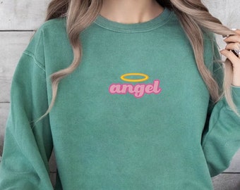 Embroidered Angel Sweatshirt for Women, Angel Crewneck, Angel on Earth Sweater, Wings Sweatshirt, Angel Comfort Colors Sweater