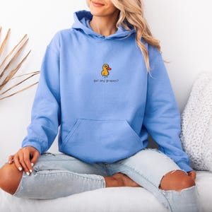 May include: A light blue hoodie with a front pocket and a drawstring hood. The hoodie features a small yellow duck graphic with the text "got any grapes?" below it. The sweatshirt is made of a soft material.