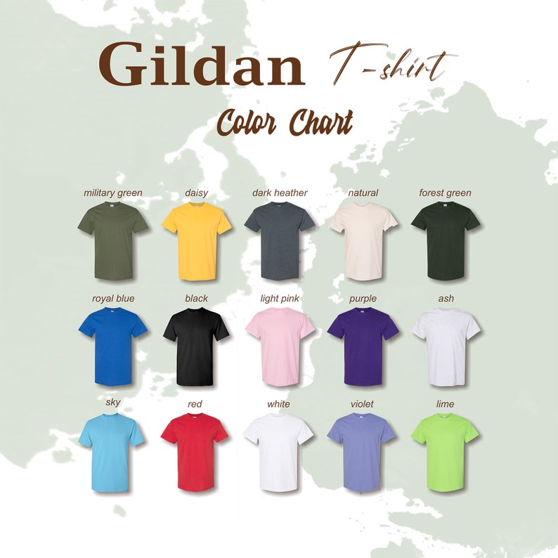 May include: Color chart for Gildan T-shirts showing 15 different colors: military green, daisy, dark heather, natural, forest green, royal blue, black, light pink, purple, ash, sky, red, white, violet, and lime.