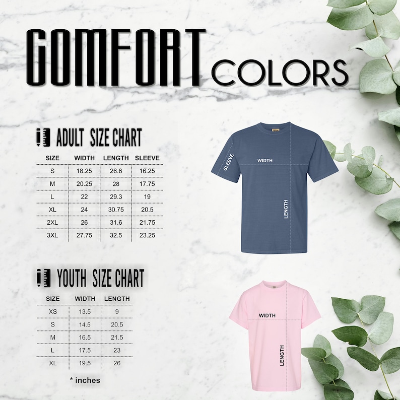 May include: A size chart for adult and youth t-shirts. The chart shows the width, length, and sleeve length in inches for each size. The chart is accompanied by images of a blue t-shirt and a pink t-shirt.