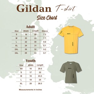 May include: A size chart for Gildan T-shirts, showing measurements in inches for both adult and youth sizes. The chart includes width, length, and sleeve measurements for each size.