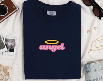 Embroidered Angel Shirt for Women, Angel T-Shirt, Angel on Earth Shirt, Wings Shirt, Angel Wings Shirt, Women's Comfort Colors Shirt
