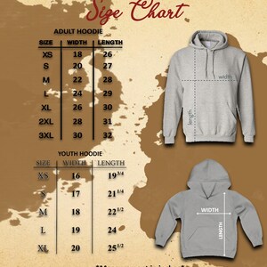 May include: A size chart for adult and youth hoodies, with measurements in inches. The adult hoodie sizes range from XS to 3XL, with widths from 18 to 30 inches and lengths from 26 to 32 inches. Youth hoodie sizes range from XS to XL.