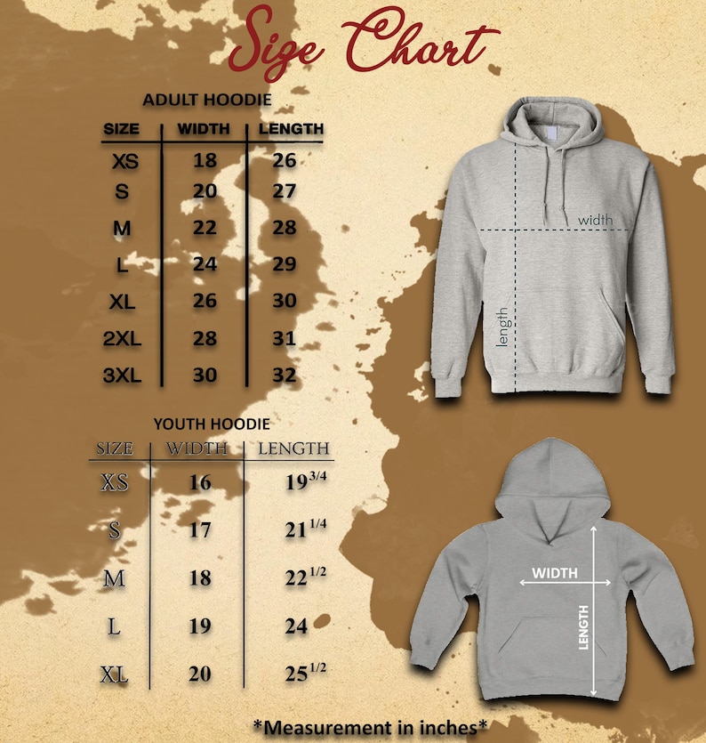 May include: A size chart for adult and youth hoodies, with measurements in inches. The adult hoodie sizes range from XS to 3XL, with widths from 18 to 30 inches and lengths from 26 to 32 inches. Youth hoodie sizes range from XS to XL.