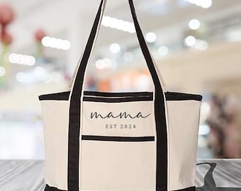 Embroidered Mama Est. Date Deluxe Tote Bag, Mama Est Custom Bag, Gift for Mom, Mother's Day Bag, Cool Mom Bag, Pregnancy Announcement Bag