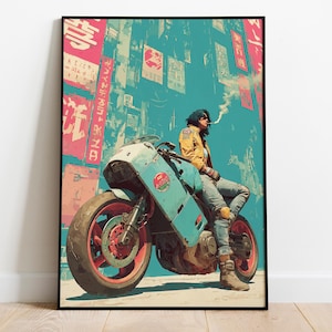 Cyberpunk Cityscape Art Print: Neon Biker, Retrowave Room Decor