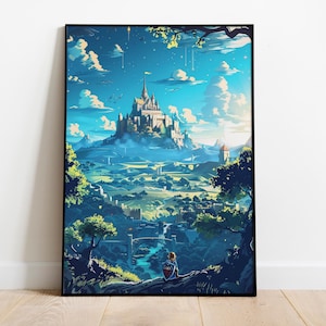 Könnte beinhalten: Ein digitales Gemälde einer Fantasielandschaft mit einem großen Schloss in der Ferne. Eine kleine Figur steht auf einem Hügel und blickt auf die Szene. Der Himmel ist blau mit weißen Wolken und der Boden ist grün mit Bäumen und einem Fluss.