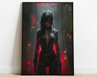 Cyberpunk Girl Print: Neon Lights, Sci-Fi Gaming Room Decor