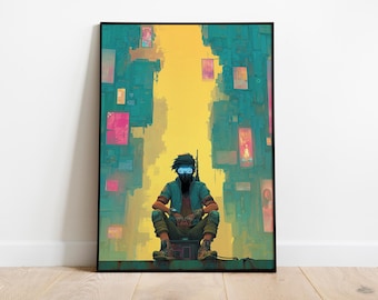 May include: Framed art print featuring a digital illustration of a person in a futuristic setting. The artwork depicts a figure in a blue jacket and pants, wearing a mask and goggles, sitting on a box. The background has a yellow and teal color scheme.