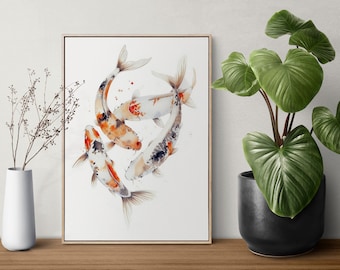 May include: A watercolor painting of four koi fish swimming in a circle. The fish are white, orange, and black with red accents. The painting is on a white background and is framed in a light wood frame.