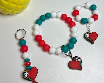 Parure de perles pour les amoureux des chiens - Bracelet porte-clés, porte-clés et breloque tasse - Cœur rouge avec pattes, perles de perles, fait main
