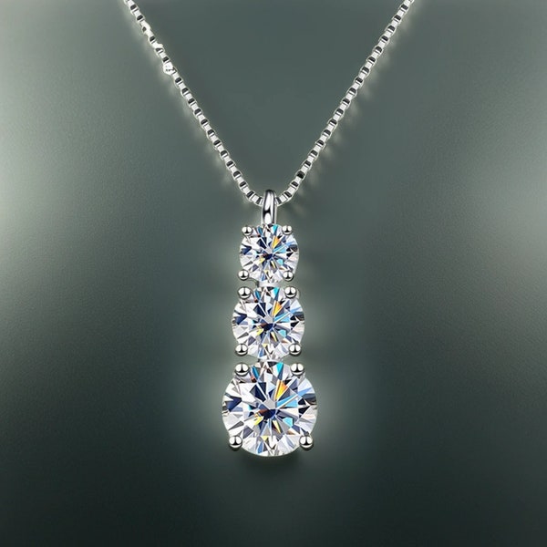 Pendentif fait main 3 pierres en moissanite VVS1 | Collier diamants scintillants, argent S925, 1-5,5 carats avec certificat, réussit le testeur de diamants