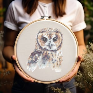 May include: A brown and white owl cross-stitch embroidery in a wooden embroidery hoop.