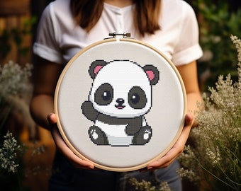 Cute Panda Cross Stitch Pattern - Kawaii - Embroidery - Digital Download - PDF Guide