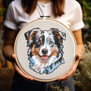 Puede incluir: Un aro de bordado de punto de cruz con un retrato colorido de un perro pastor australiano. El perro tiene ojos azules y un pelaje blanco, marrón y negro.