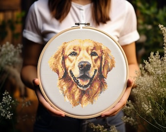 ゴールデンレトリバーのクロスステッチ図案、犬の肖像画刺繍デザイン