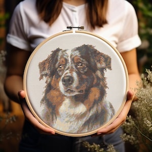 May include: A cross-stitch embroidery hoop with a brown and white Australian Shepherd dog portrait.
