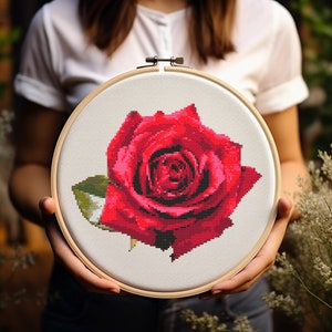Red Rose Cross Stitch Pattern - Flower - Floral - Embroidery - Digital Download - PDF Guide