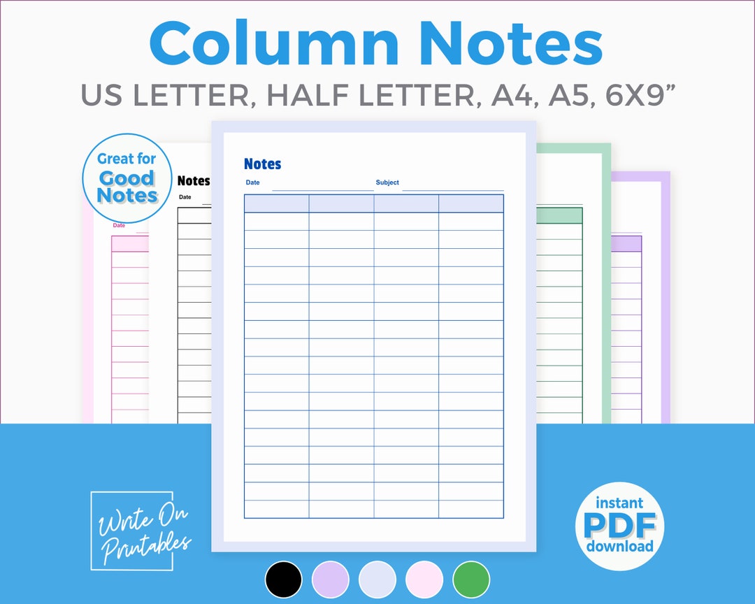 Columns Method Notes Pages Pack 5 Colors 5 Sizes Printable Clean Design ...