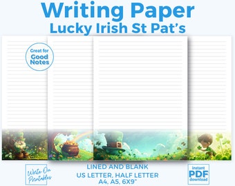 Ensemble de papeterie imprimable pour la Saint-Patrick, pages d'écriture festives sur le thème irlandais, motifs arc-en-ciel de lutin Artisanat des fêtes et accessoires de fête