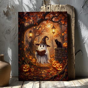 May include: A rectangular wall art print depicting a ghost wearing a witch hat and reading a book in an autumn forest. The scene features glowing jack-o'-lanterns, hanging lanterns, and a black cat sitting on a stone wall amidst fallen orange leaves.